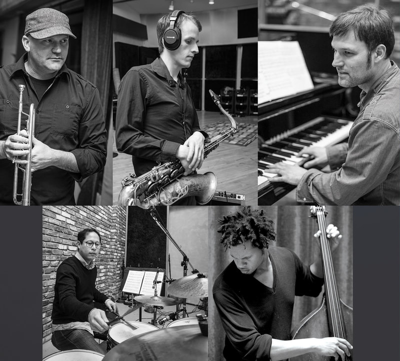 Collage of Rich Pellegrin Quintet (from left to right): 
R. Scott Morning, Neil Welch, Rich Pellegrin, Christopher Icasiano, Evan Flory-Barnes
